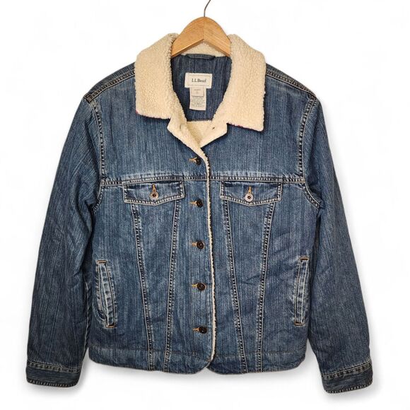 Vintage LL Bean Denim Jacket Sherpa Lined Womens Large Chore Cottagecore - Picture 1 of 16